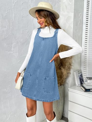 BZB Women's Sleeveless Casual Denim Dress Crewneck Vintage Loose Jean Overall Dress with Pockets3