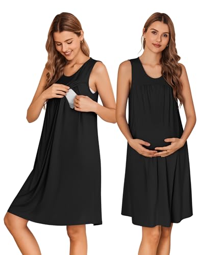 Image of Ekouaer Maternity Nursing Dress Nightgown Labor and Delivery Gown Sleeveless Pregnancy Breastfeeding Dresses