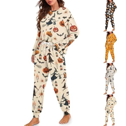 Generisch HUIFUAO Halloween-Pyjama-Set für Damen, Kürbis-Geistdruck, Nachtwäsche, lustige Halloween-Kostüme, 2-teilig, langärmelig, Oberteil und...