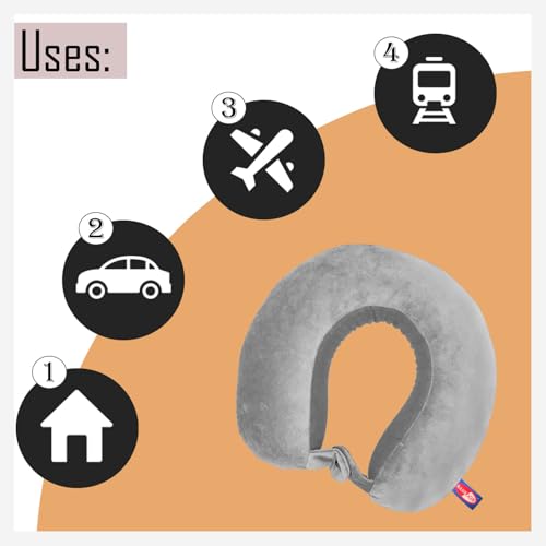 Image of Sassoon Memory Foam Travel Neck Pillow (Grey, Pack of 1) - Ergonomic Support, Soft Breathable Washable Cover, Lightweight with Carry Loop for Travel & Home