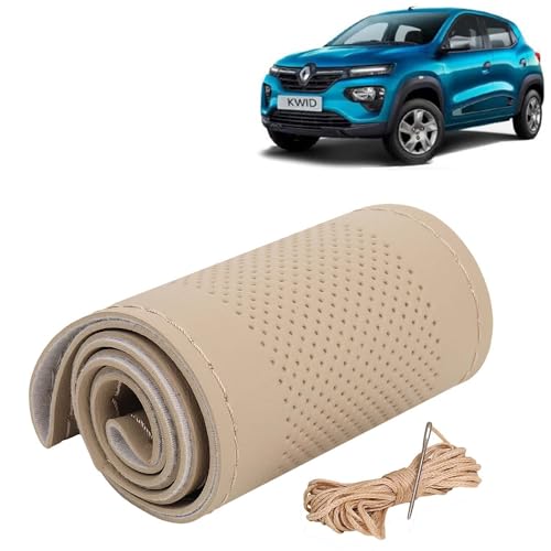 Image of KINGSWAY PU Leatherite Car Steering Cover Sewable Compatible with Renault Kwid (Year 2019 Onwards), Beige Color with Beige Thread, Pack of 1 with Sewing Needle and Thread