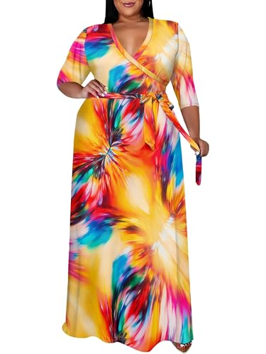 Image of SUZONANA Plus Size Maxi Dresses for Curcy Women Casual Loose 3 /4 Sleeve Long Dress with Belt