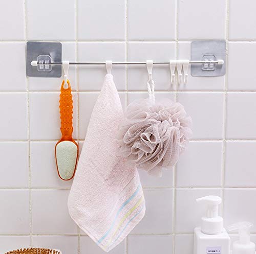 Divinext Multi-Purpose Rustproof Stainless Steel Rail with 6 Plastic Hooks Bathroom Kitchen Sticker Hanger | 43 X 7 CM | Silver & White