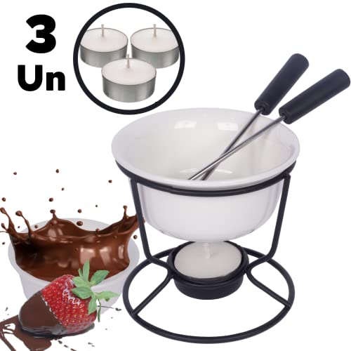 Conjunto Fondue Em Cerâmica Redondo 7 Peças 140ml Chocolate Queijo - 3 Velas