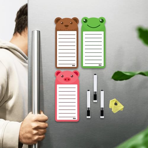 Image of Windup Magnetic to Do List Set, 3 Animal Designs with Markers, 10x21 cm Dry-Erase Boards, Fridge Organiser with Frog Bear Pig