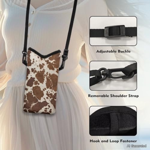 Image of Cellphone Purse Bag with Adjustable Strap Water-Resistant Shockproof Crossbody Mini Shoulder Handbags Portable Phone Sleeve Case for Women Men, 8 x 4 Inch, Brown Cow Print