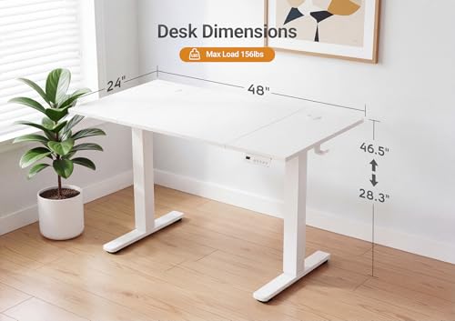 Image of YDN Electric Standing Desk Adjustable Height, 48 x 24 Inches Sit Stand up Desk with Memory Presets & Cable Management, Home Office Desk for Office & Computer Workstation, White Frame /White Top