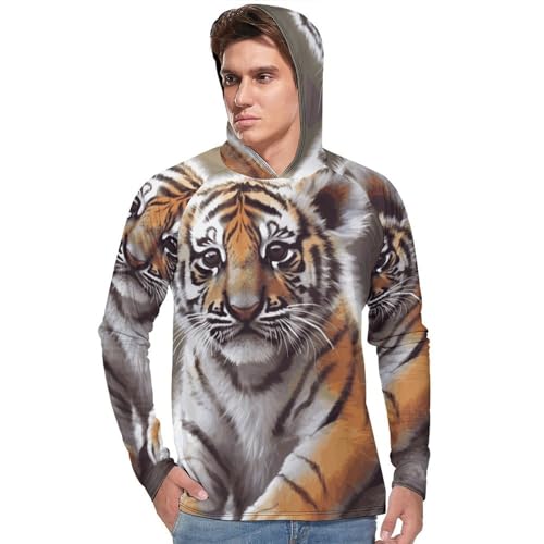 Men's Sun Shirts UPF 50+ Rash Guard Long Sleeve Sun Protection Hoodie Cute Tiger Lightweight Shirt 2XL White2