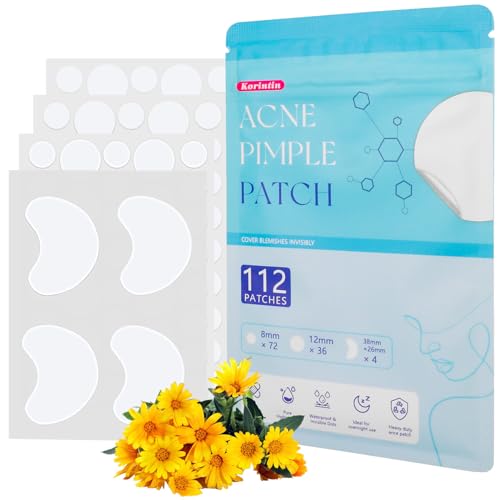 Korintin Patches Acne, Acne Patch de 112 unidades, remendos hidrocolóides para grãos, 3 tamanhos (8 mm, 10 mm, 38 mm x 26 mm)