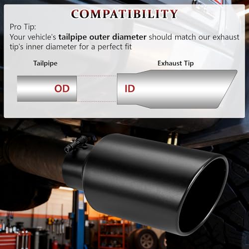 Image of Exhaust Tip 4 inch Inlet 7 inch Outlet 15 inch Long, High Performance Stainless Steel, Peel-Resistant Black Powder Coated, Rolled Angle Cut, Bolt-On Diesel Tail Pipe, Universal for Car Truck