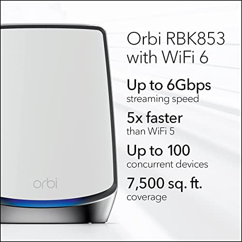 Image of Netgear Orbi Whole Home Tri-Band Mesh WiFi 6 System (RBK853) Router with 2 Satellite Extenders, Coverage up to 7,500 sq. ft. and 60+ Devices, 11AX Mesh AX6000 WiFi (Up to 6Gbps)