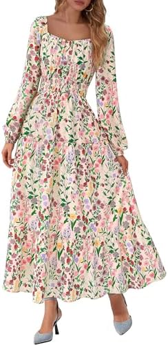 BTFBM Long Sleeve Dress for Women 2026 Fall Boho Floral Square Neck Casual Flowy A-Line Long Wedding Guest Maxi Dresses