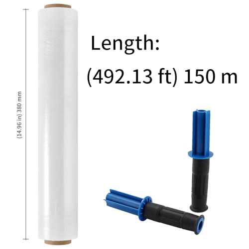 KEILEOHO 3 Rollen Stretchfolie Transparent 38 cm x 150 m, Palettenfolie Wickelfolie mit Handabroller, Packfolie Rolle Strechfolienrolle für Verpackung, Versand, Oberflächenschutz