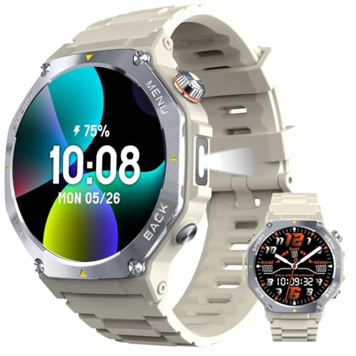 Reloj Inteligente Hombres con GPS, Militar Estilo, 170+ Modos Deportivos, 1.43 AMOLED, Linterna, Smartwatch para Android & iOS, Llamadas Bluetooth, Pulsometro/Sueño, Brújula/Altímetro, 3ATM, Blanco