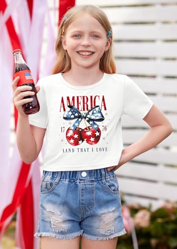 Image of BesserBay Kids Girls 4th of July Crop Tops American Flag Red White Blue Patriotic Bows USA Flag T-Shirts 6-14 Years