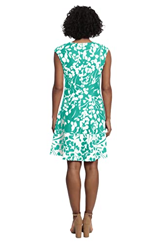 London Times Women's Petite Floral Print Fit And Flare With Contrast Border At Hem, Viridis Green/Ivory, 8 #TOP2