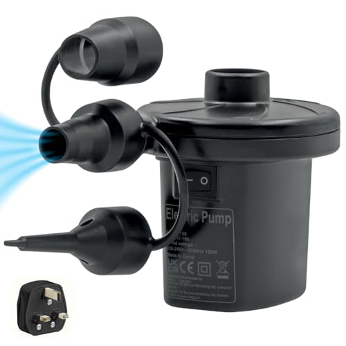 Image of Milestone Camping AC240V /130W AC Electric Air Pump inflator /deflator for airbeds Paddling Pools & Toys. Universal valves. 3 pin UK Plug. Black