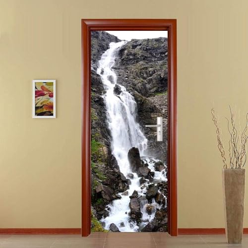 Pegatina Puerta Paisaje de Cascada Murales Puertas Autoadhesivo Pegatinas para Puertas Paisaje de Cascada Puerta Pared Mural 3D Interiores Decorativas Papel Pintado 95x215 cm m2336
