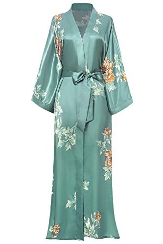 Coucoland Robe de chambre pour femme Kimono classique Imprimé Peignoir Femme Long à Motif floral Robe de chambre Fille Pajama Party - Taille Unique (Vert argenté)