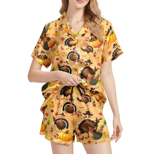 Image of Funny Pajamas for Women Set Print Satin Loungewear Pjs Short Sleeve Button Down Top and Shorts Sets Sleepwear XS-3XL