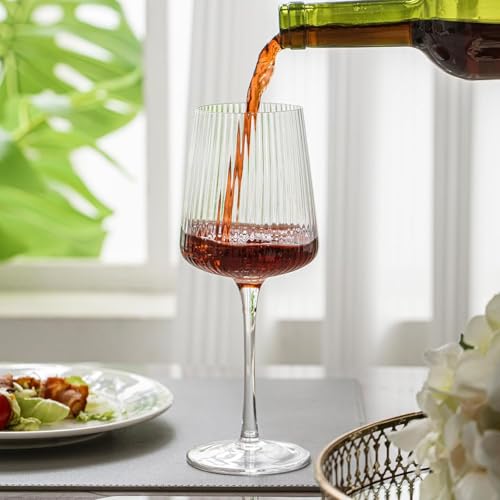 Image of bellemax 400ML Ribbed Wine Glass, Premium Crystal Clear Stemmed Wine Glass for Red Wine, White Wine, Cocktail, Champagne, Elegant Ribbed Drinking Glass for Home, Bar (Set of 6)