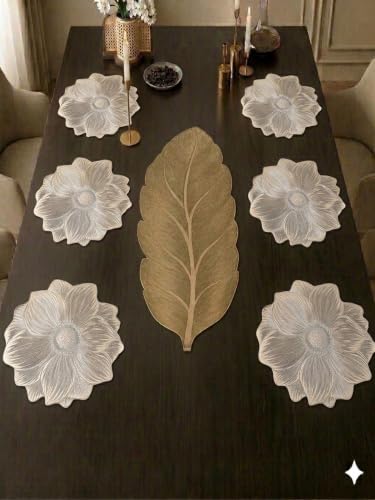 Image of Dakshya Industries PVC Waterproof Round Table Placemats & Table Runner Combo | 6 Round Mats (38 x 38 cm) + 1 Runner (91 x 33 cm) | Heat Resistant, Washable, Non Slip (Bellvista)