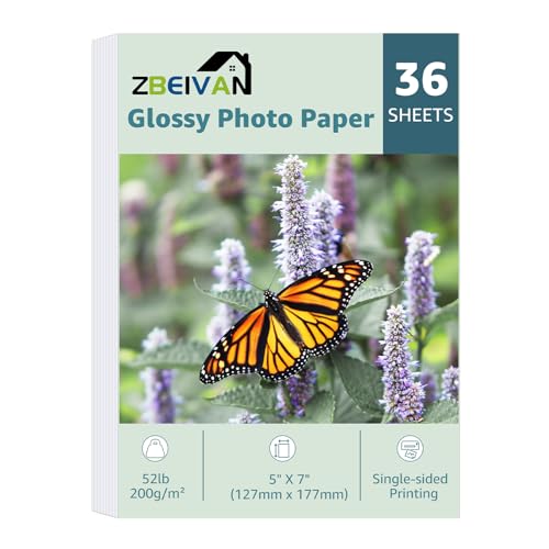 ZBEIVAN 5x7 写真用紙 光沢フォトペーパー 36シート 5 x 7インクジェットプリンター写真用紙 染料インク用 200GSM