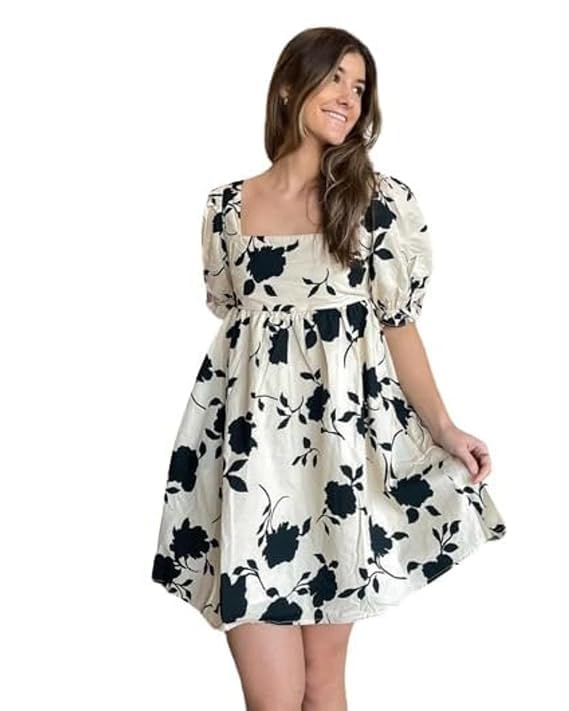 Women's Rayon Floral Print Mini Dress with High Square Neck Half Sleeves Fit and Flare-image-24