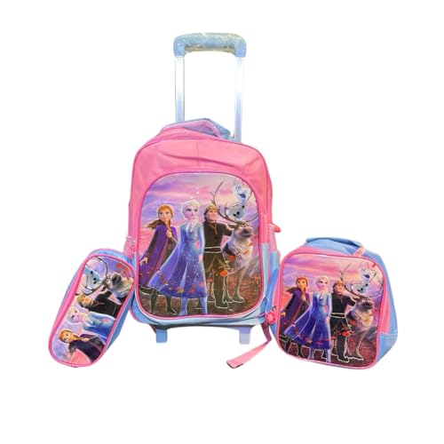 Conjunto Escolar Frozen 3 em 1 – Mochila de Rodinhas + Lancheira Térmica + Estojo Infantil | Kit Completo com Personagens Elsa, Anna, Olaf, Kristoff e Sven