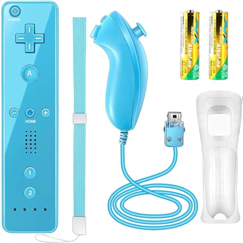 Image of Compatible with Nintendo Wii Controller, Wii Remote with Nunchuck and Nunchuck Controller with Silicone Case and Wrist Strap for Wii and Wii U, Included 2 AA Batteries (Blue)
