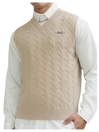 Men's Cable Knit Preppy Sweater Vests Letter Embroidered V Neck Sleeveless Vest