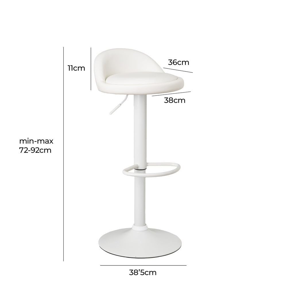 Taburete alto de cocina regulable en altura blanco con respaldo bajo | Asiento redondo y respaldo bajo acolchados y tapizados en polipiel. Altura ajustable de 72 a 92 cm. Resiste hasta 120 kg
