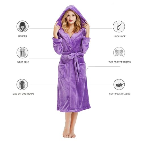 HEARTNICE Damen Fleece Bademantel mit Kapuze, weicher Plüsch Morgenmantel Bädemantel für Damen, flauschig süß Lange Hausmantel (Violett, S/M)