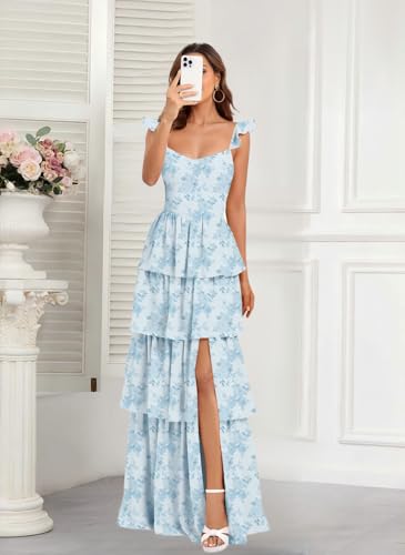 Dessiny Floral Print Bridesmaid Dresses Long with Slit 2025 Spaghetti Straps Tiered Ruffles Formal Evening Dress DE5793
