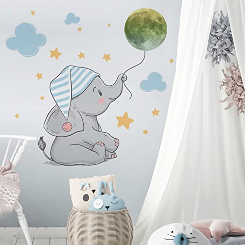 Lovely Elephant With Night Cap Wall Stickers, Luminous Moon Wall Decals, Cloud Star Cartoon Wall Decors, Removable Diy Art Wall Mural For Kids Bedroom, Nursery, Home Decoration #TOP3