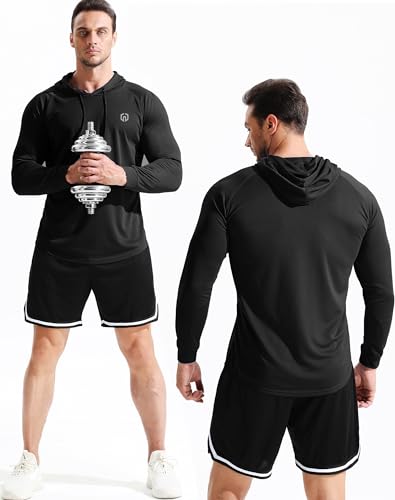 NELEUS Camisas masculinas Dry Fit Athletic Workout Running Manga Longa com Capuz, 5147 preto/preto/p