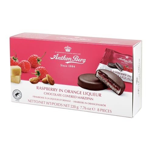Anthon Berg Dark Chocolate Covered Marzipan Treats Raspberry in Orange Liqueur with a Delicious Jam of Fresh Fruits 220 g Box (Pack of 1)