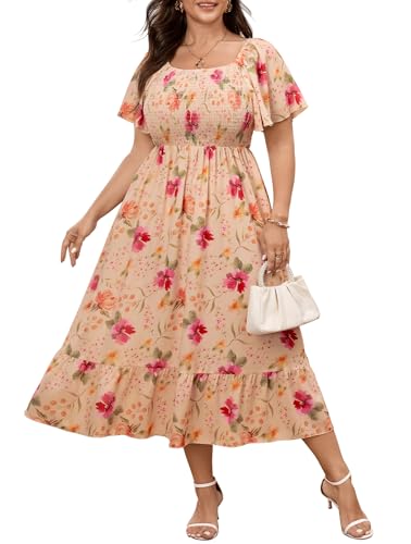 Image of SCOMCHIC Women's Plus Size Summer Dress Casual Short Sleeve Scoop Neck Maxi Dress Smocked Ruffle Boho Flowy Long Dresses