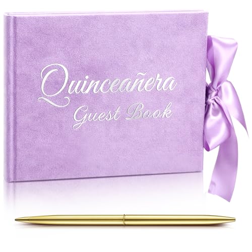 Image of Panelee Velvet Quinceanera Guest Book with Pen Purple Sign in with Bow 15 Year Anos Quince Book 144 Page Signature Guest Sign in Keepsake Album for Birthday Party Keepsake Gift