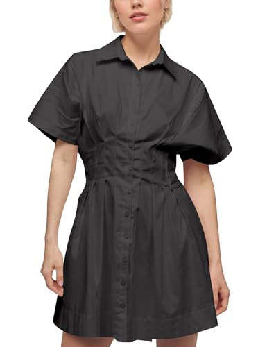 Image of Women Summer Short Sleeve Button Front Pleated Shirt Dress Striped Collar V Neck Casual Y2k Swing Short Mini Dress