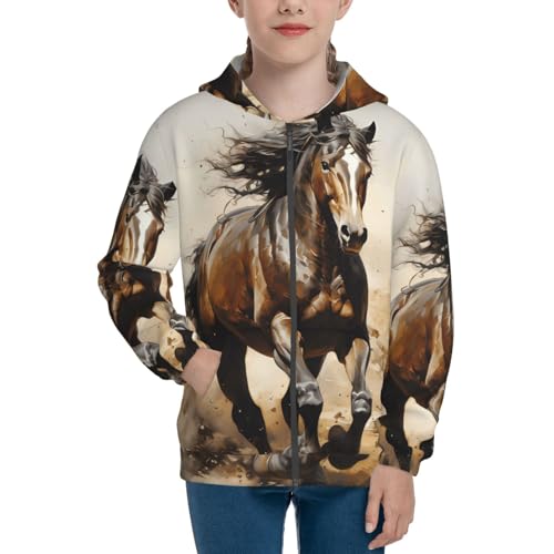 Western Horse Print Girls Athletic Zip Up Hoodies,Sweatshirts with Pockets Long Sleeve Hooded Jackets, for 7-18 Y2