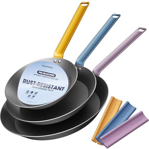 stackbear Carbon Steel Frying Pan Set 8'/10'/12', Preseasoned Skillet Trio, Nitrided Rust Resistant Kitchen Cooking Set, Induction & Oven Safe
