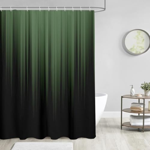 Image of AAtter Green and Black Shower Curtain, Modern Ombre, 60x72 Inch, 12 Hooks | Striped Polyester Fabric, Dark Abstract Trendy Style, Cool Anime Design, Gradient Bathroom Decor for Men