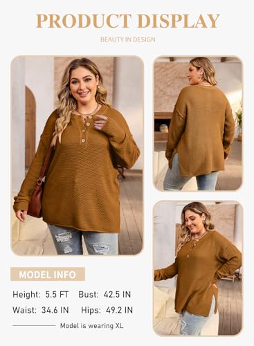 Image of Eytino Womens Plus Size Sweaters Casual Long Sleeve Loose V Neck Button Henley Tops Pullover Knit Jumpers,(1X-5X)