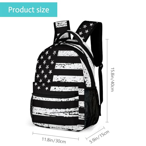 GNEW American Flag Backpack Old School Black and White Flag Backpack for Kids, Patriotic USA School Bag for Boys Girls, Elementary Middle High School Bags Travel Backpack,16.5 Inch2