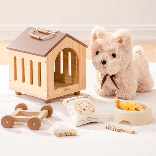 ROBUD Hund Spielzeug Kinder, 2-in-1 Nachziehtiere Spielzeug & Tierpflege Rollenspielset mit Holz Hundehütte & Abnehmbaren Rädern, Zubehör, Holzspielzeug Geschenk für Jungen Mädchen ab 2 3 Jahren