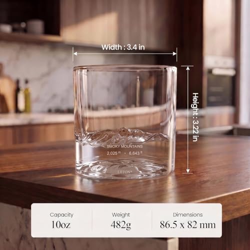 Image of LIITON Smoky Mountain Whiskey Glasses, Set of 2, 10oz, Bourbon Glass | Thick Freezable Crystal Rock Glasses, Old fashioned Whiskey Gifts for Men, Cocktails, Scotch Glasses
