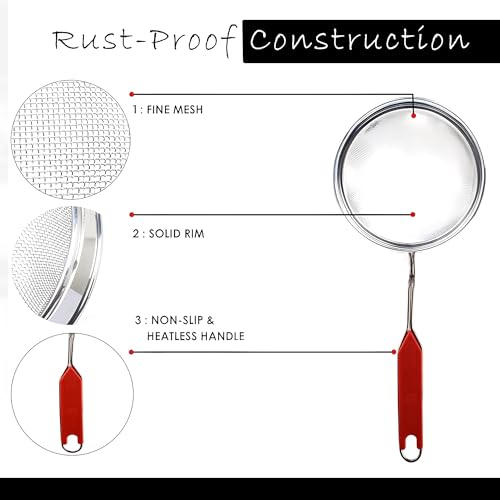 Image of Kuber Industries Pack of 3 Stainless Steel Deep Fry Strainer for Kitchen - 6 no. Oil Cooking Jhara /Filter /Channi for Chips & Pasta - Silver & Red