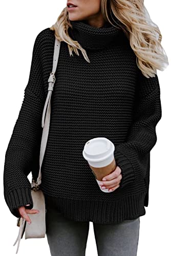 QAKEHU Lässige Langarm-Rollkragenbluse für Damen mit grobem Strickpullover-Pullover A Black L Cover