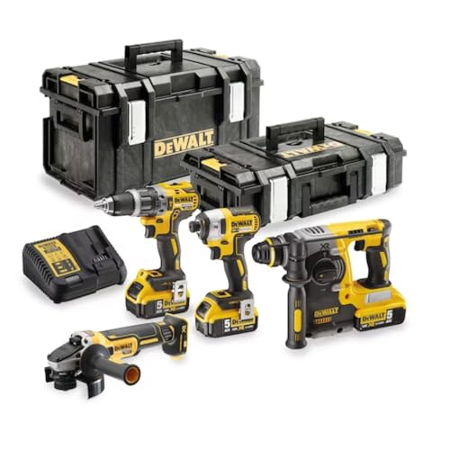 DEWALT - Kit 4 Outils XR 18V, 5Ah Lithium Ion BL avec Perceuse-Visseuse, Visseuse à Chocs, Meuleuse et Perforateur - DCK422P3-QW - Sans Fil - 3 Batteries et...